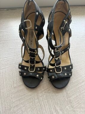 Jimmy Choo Black Leather Studded Strappy Heels